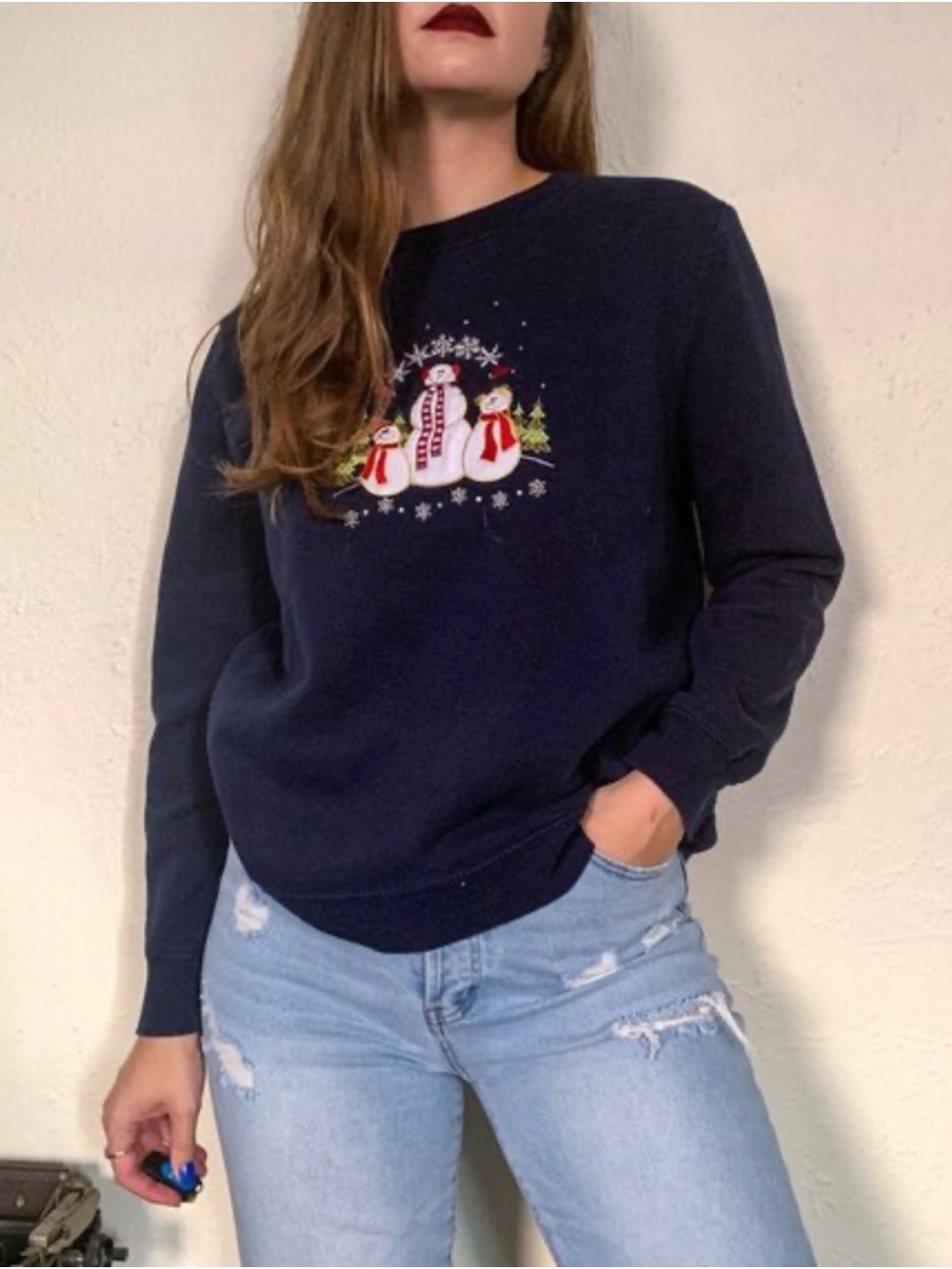 Holiday Editions Navy Snowman Embroidered Crewneck Sweater